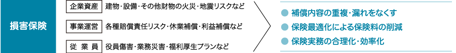 損害保険企業資産　建物・設備・その他財物の火災・地震リスクなど事業運営　各種賠償責任リスク・休業補償・利益補償など補償内容の重複・漏れをなくす 保険最適化による保険料の削減従 業 員　役員傷害・業務災害・福利厚生プランなど保険実務の合理化・効率化